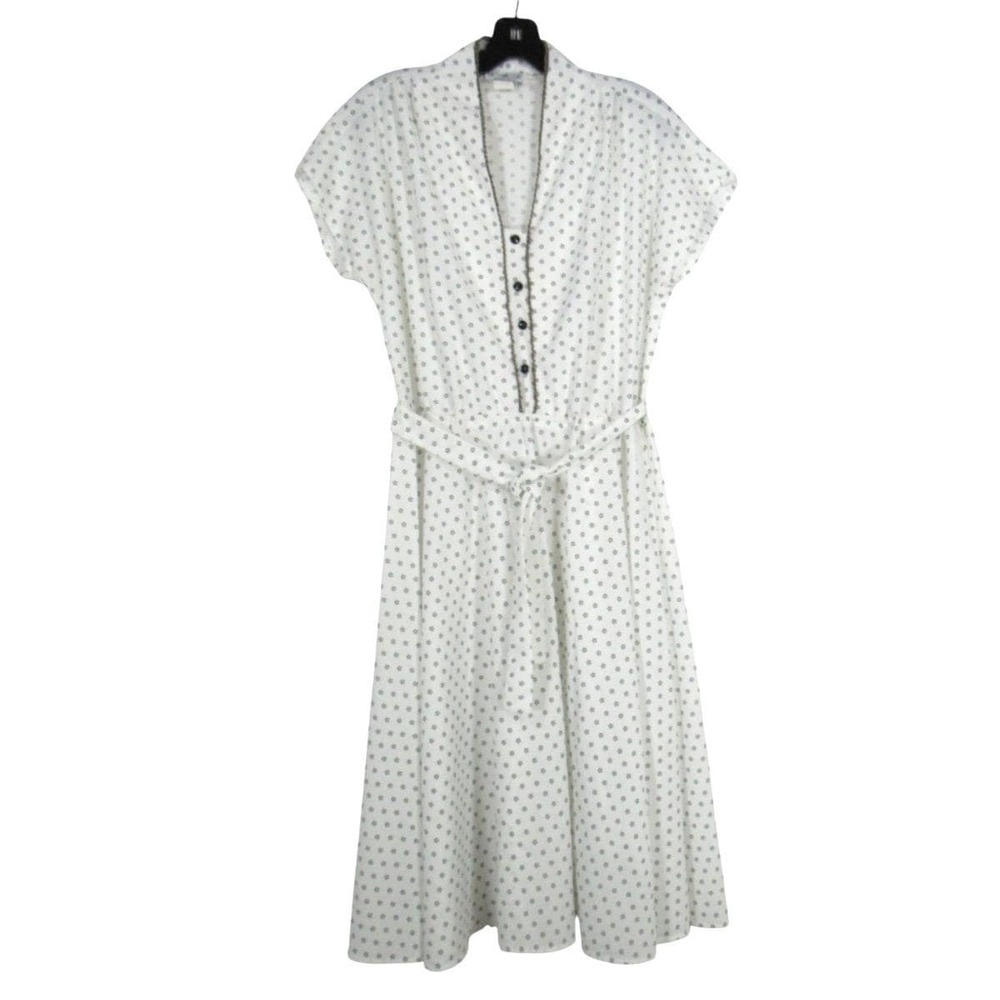 T&F TORINO Vtg WHITE w/BLACK TINY FLORAL Poly Knit FAUX BUTTON Blouson Dress 14